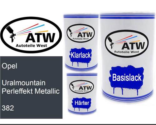 Opel, Uralmountain Perleffekt Metallic, 382: 500ml Lackdose + 500ml Klarlack + 250ml Härter - Set, von ATW Autoteile West.